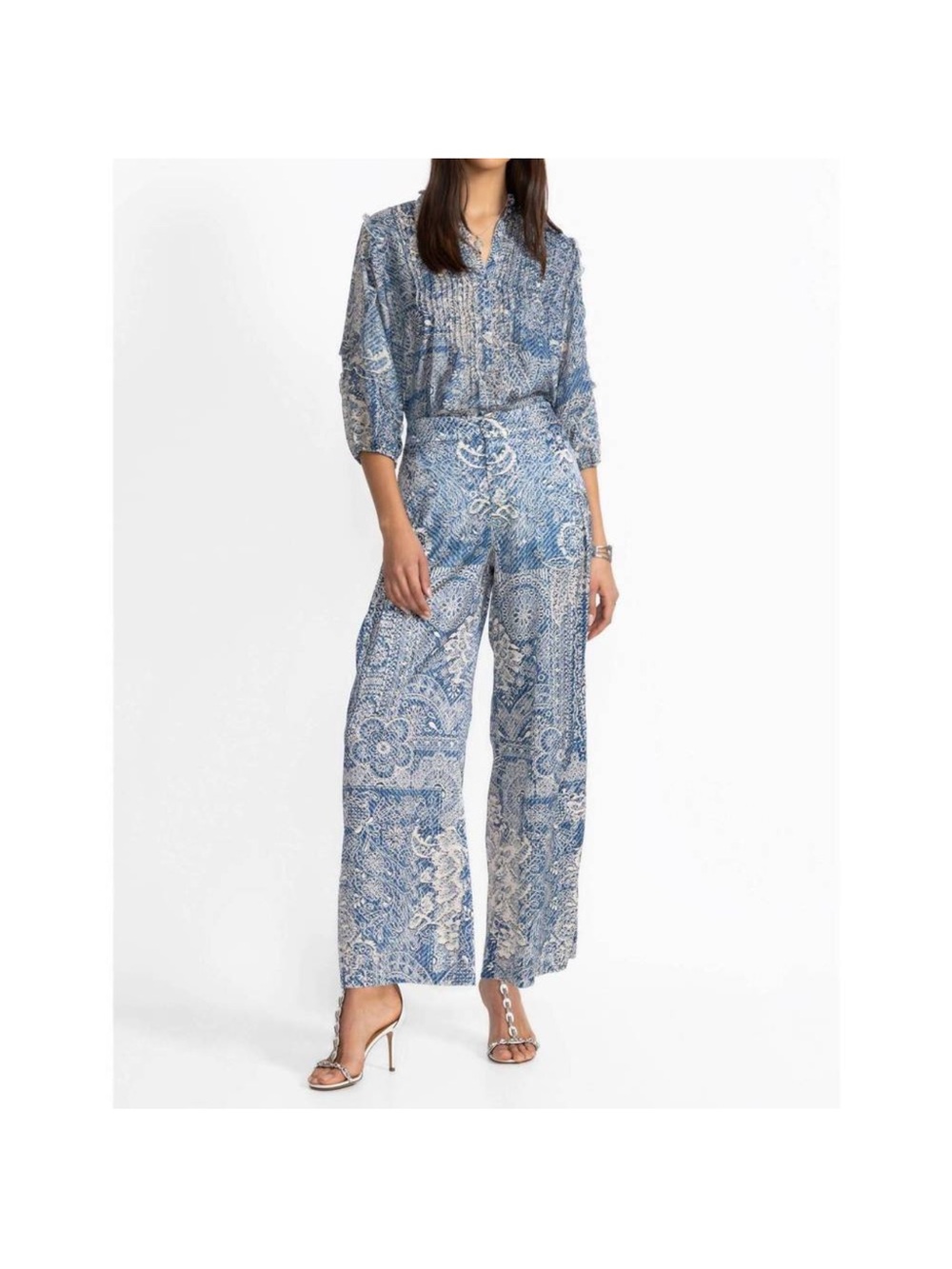 JOHNNY WAS  Lauchlen SILK Wide Leg High Rise Floral Print Pants Blue SZ Small